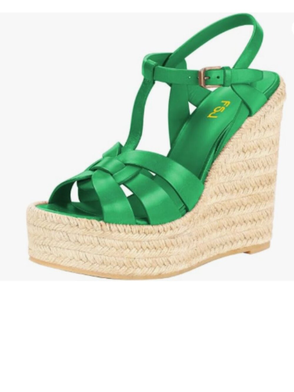 FSJ Green Open Toe Espadrille Platform Ankle Strap Wedge Woven Cutout Sandals